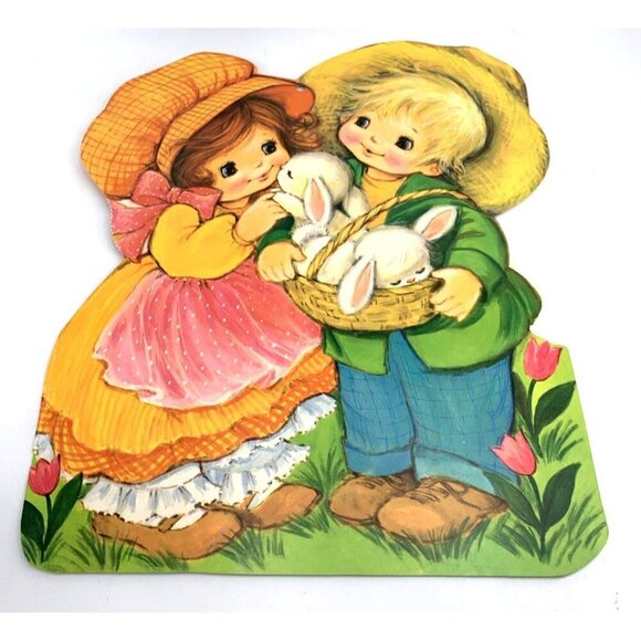 Die Cut Wall Hanging Easter Bunny Rabbits In Basket Girl Boy Double Sided Vtg - Picture 4 of 4